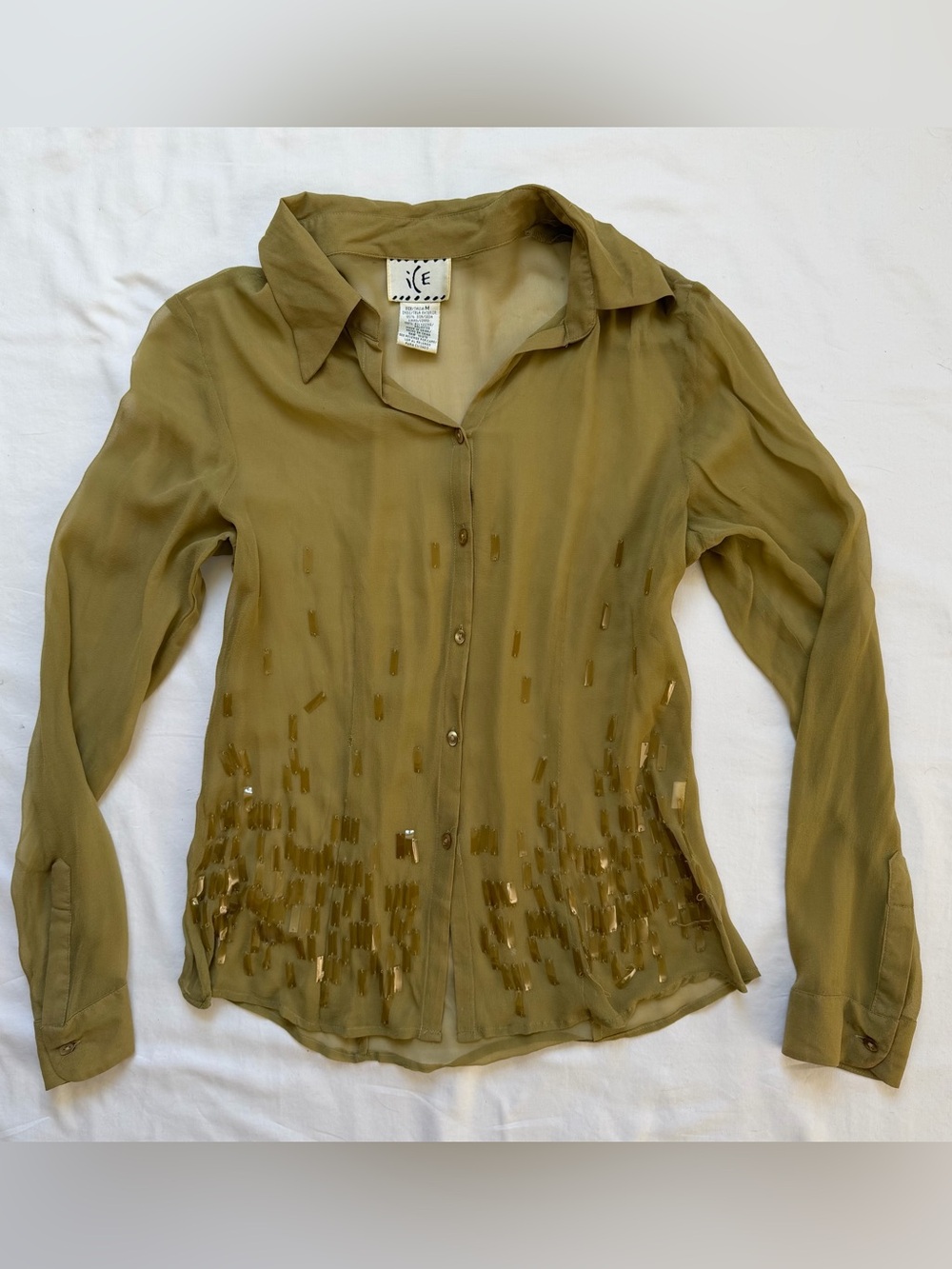 Vintage ICE 100% Silk Olive Sequin Blouse